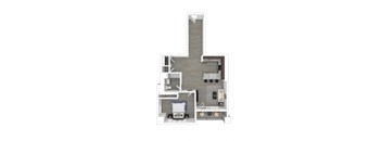 A floor plan of a house with a kitchen, living room, and two bedrooms.