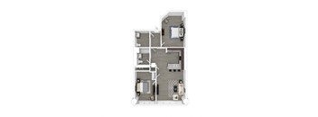 A floor plan of a two-bedroom apartment with a living room, kitchen, and bathroom.