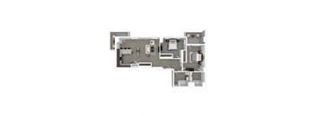 A floor plan of a house with a kitchen, living room, and two bedrooms.