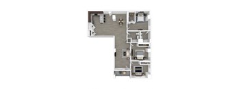 A floor plan of a small apartment with a kitchen, living room, and bedroom.