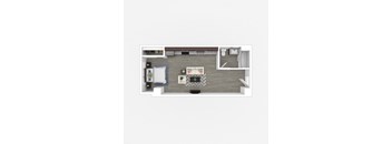 A top-down view of a living room with a couch, coffee table, and kitchen area.