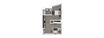 A top-down view of a small apartment with a kitchen, living room, and bedroom.