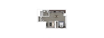 A top-down view of a small apartment with a bedroom, living room, and kitchen area.