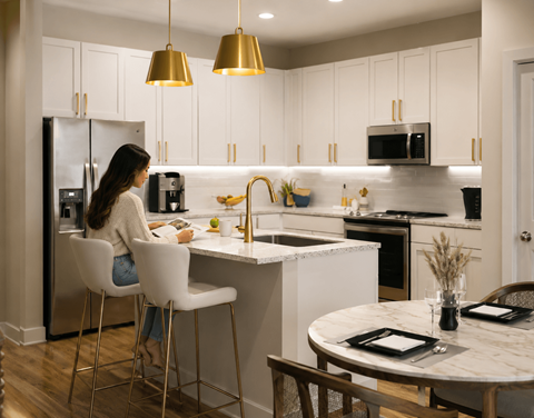 A woman is sitting at a kitchen island with a refrigerator and microwave in the background.