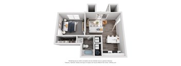 a stylized floor plan with a bedroom and a living room