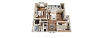 A 3D floor plan of a small apartment with a kitchen, living room, and bathroom.
