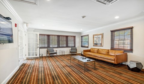 A living room with a striped carpet and a brown couch.