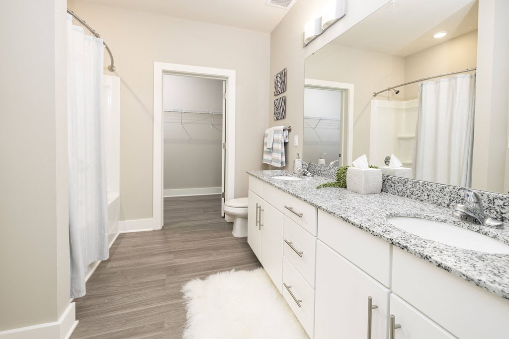 a bathroom with two sinks and a shower and a toilet