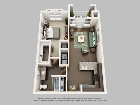 a 3d floor plan with a bedroom and a living room