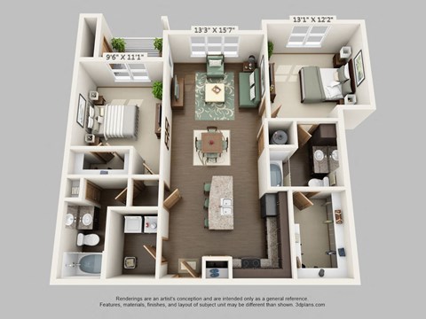 a 3d floor plan of a592 square feet