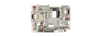 A 3D floor plan of a house with a living room, kitchen, and bedrooms.