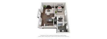 A 3D floor plan of a small apartment with a living room, kitchen, and bedroom.