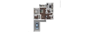 A floor plan of a house with a car parked in the garage.