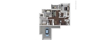 A blue car is parked in a garage in a house plan.