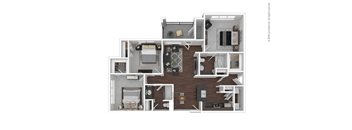 A floor plan of a house with a kitchen, living room, and two bedrooms.