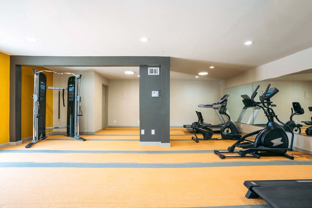 a workout room with weights and cardio equipment in a home gym