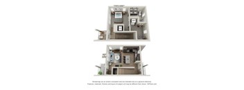 A 3D floor plan of a small apartment with a kitchen, living room, and bathroom.