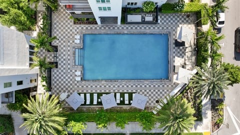 an aerial view of a swimming pool in a hotel with palm trees