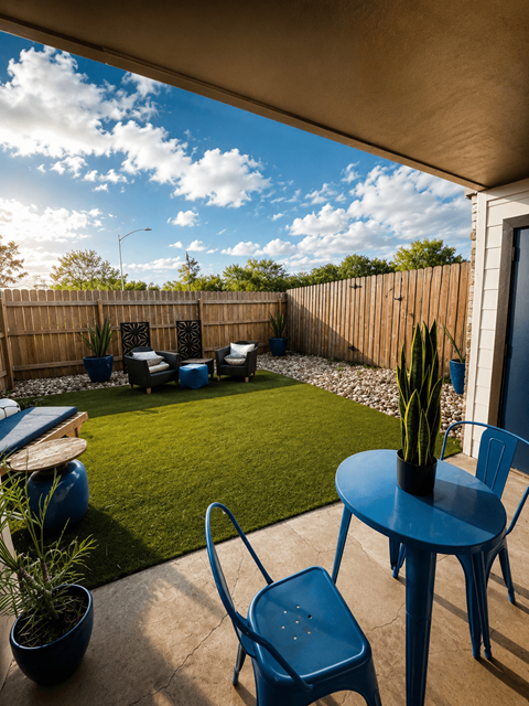 A blue chair sits on a patio with a table and a potted plant.