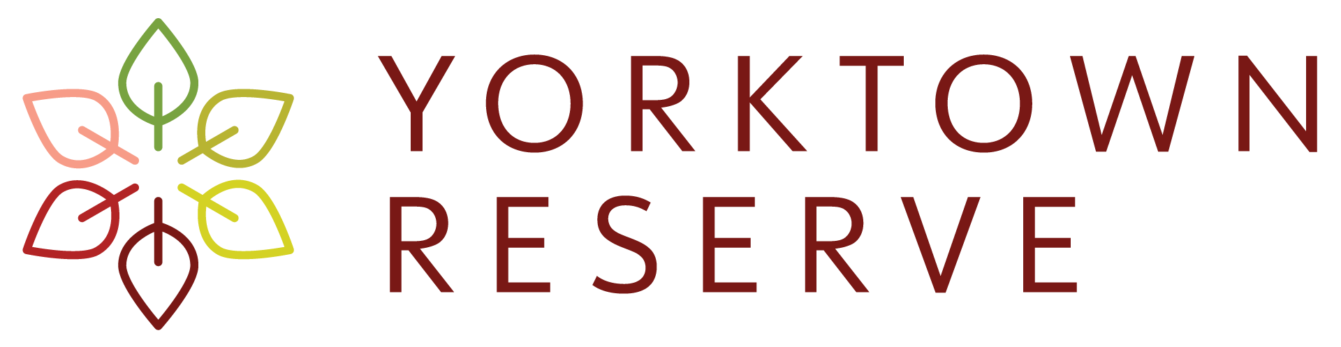 The image displays the words "Yorktown Reserve" in red with a green background and a graphic of leaves to the left.