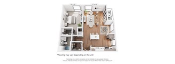 A 3D floor plan of a small apartment with a kitchen, living room, and bathroom.