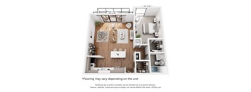 A 3D floor plan of a small apartment with a kitchen, living room, and bathroom.