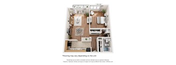 A 3D floor plan of a small apartment with a kitchen, living room, and bedroom.