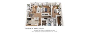 A 3D floor plan of a small apartment with a kitchen, living room, and bathroom.