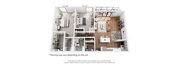 A 3D floor plan of a small apartment with a kitchen, living room, and bedroom.
