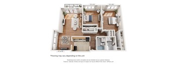 A 3D floor plan of a house with a kitchen, living room, and bedrooms.