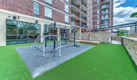 An outdoor gym with a wooden walkway, a black exercise machine, and a green artificial turf.