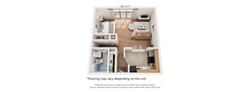 A 3D floor plan of a small apartment with a kitchen, living room, and bathroom.