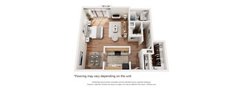 A 18' x 24' floor plan of a house with a kitchen, living room, dining room, and two bedrooms.