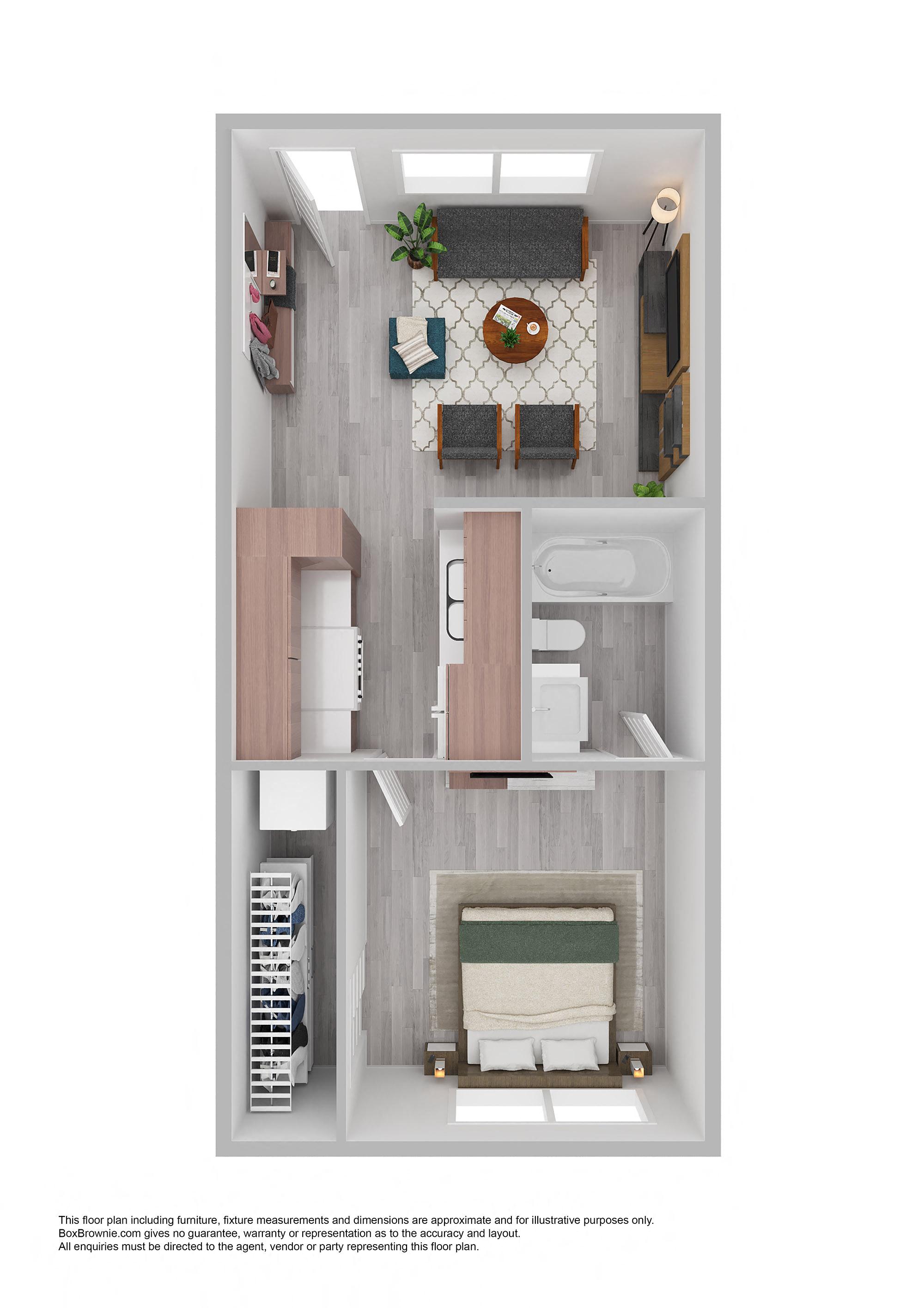 a outlook of a 1 bedroom floor plan with a fireplace