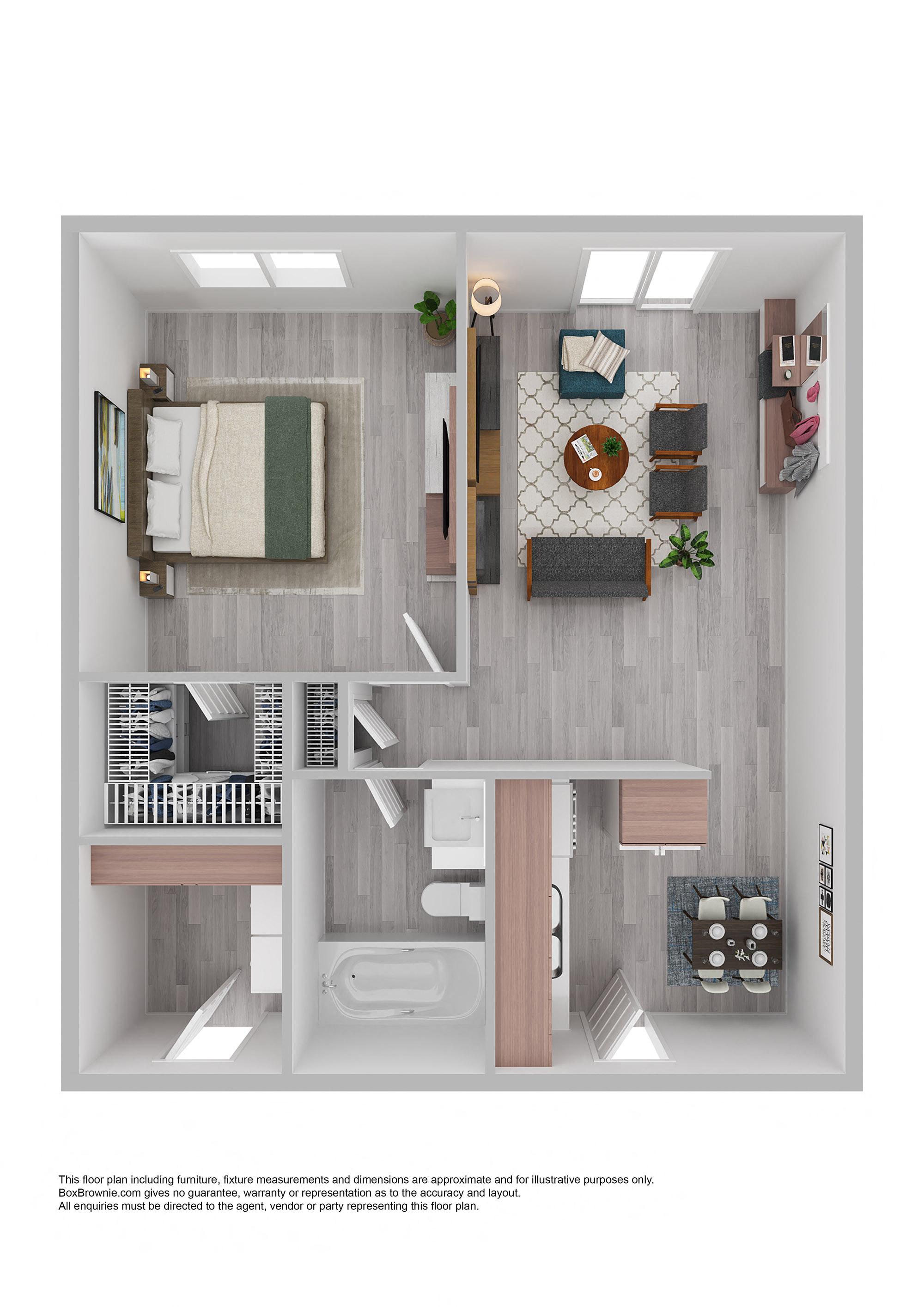 a sq ft apartment with a bedroom and living room