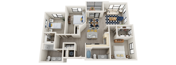 A 3D floor plan of a house with multiple rooms and furniture.