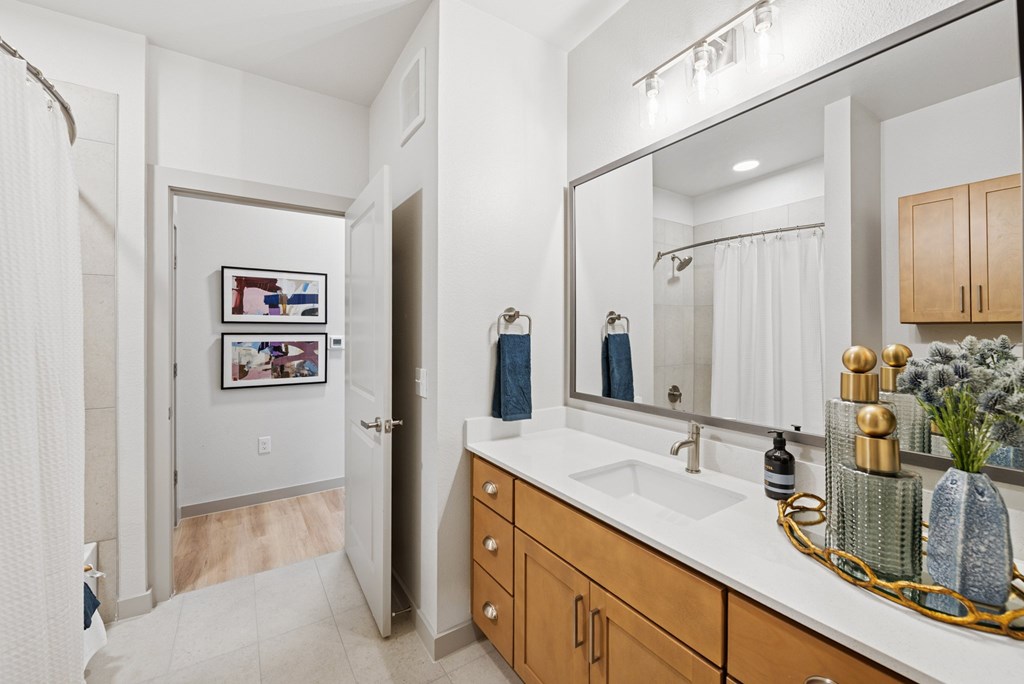 A bathroom with a white sink and a mirror.