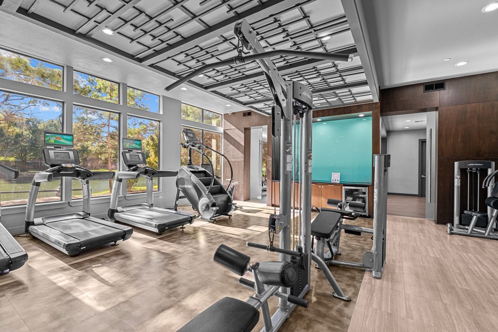A gym with treadmills, weights, and exercise machines.