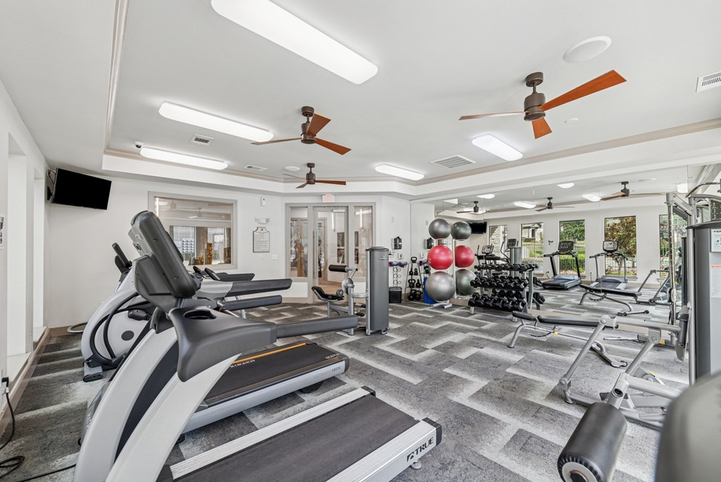 A gym with treadmills, weights, and exercise equipment.