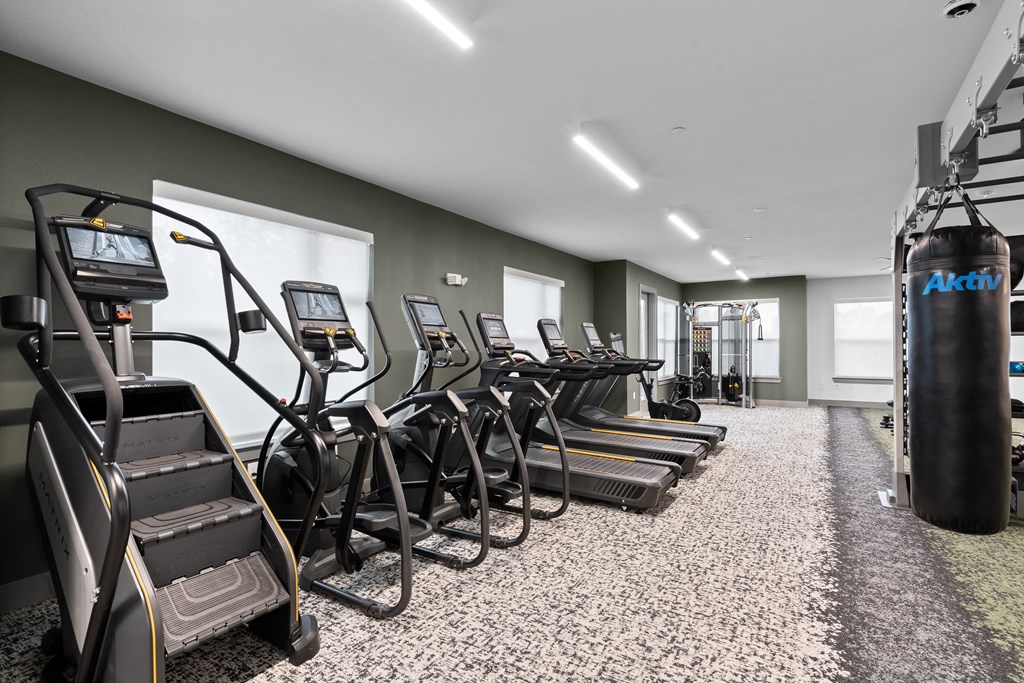 a row of cardio equipment in a fitness room with cardio machines