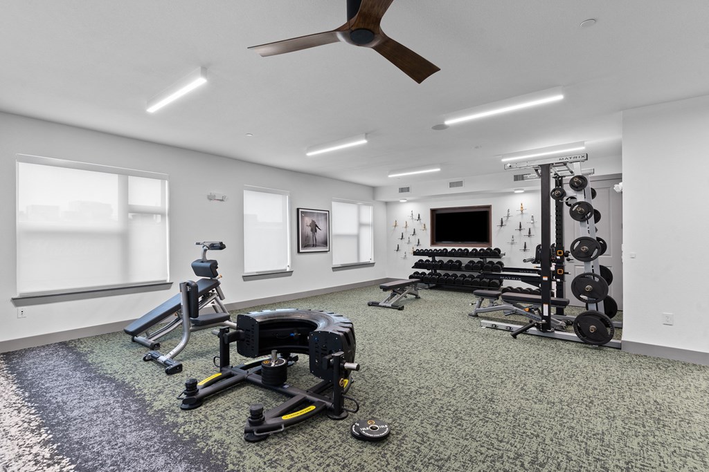 a gym with weights and a ceiling fan and a television