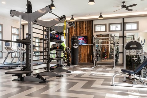 A gym with a variety of equipment including a treadmill, weights, and a bench press.