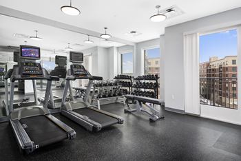 A gym with treadmills, exercise bikes, and dumbbells.