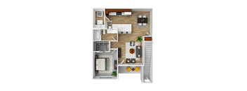 A top-down view of a small apartment with a kitchen, living room, and bathroom.