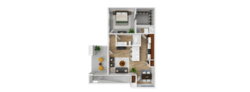 A 3D floor plan of a small apartment with a living room, kitchen, and bathroom.