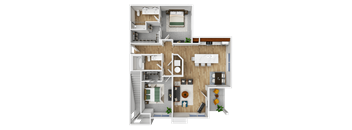 A detailed 3D floor plan of a house showing all rooms and their layouts.