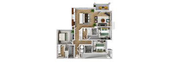A detailed 3D floor plan of a house layout.