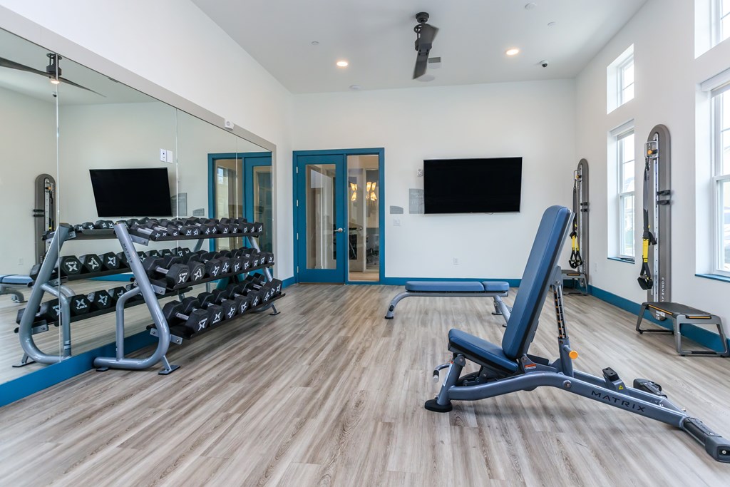A gym with a row of dumbbells on a rack.