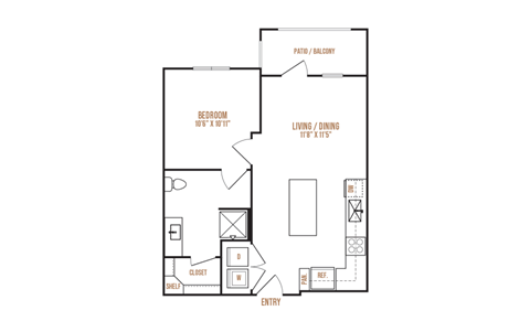 A floor plan of a house with a bedroom, living/dining area, and a closet.