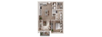 A top-down view of a small apartment layout with a kitchen, living room, and bathroom.